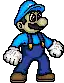 a pixel art of mario wearing a blue hat and suspenders .