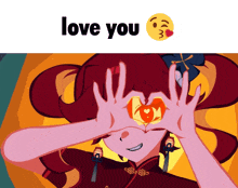 a cartoon of a girl making a heart with her hands and the words love you below her