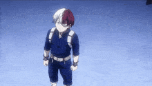 a boy with red and white hair is standing on a blue surface in a cartoon .