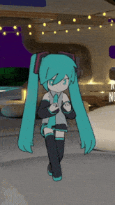 a cartoon of a girl with long green hair is dancing in a room with lights on the ceiling