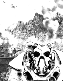 a black and white drawing of a robot in front of mountains