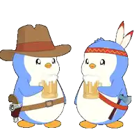 a cowboy and a native american penguin are holding beer mugs