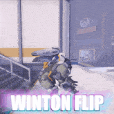 a video game character named winton flip is standing in front of a building