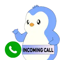 a cartoon penguin is holding a sign that says incoming call