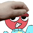 a cartoon character is being pummeled by a person 's hand .