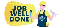 a cartoon illustration of a plumber holding a wrench and a pipe wrench with the words job well done behind him