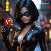 a woman in a leather suit is holding a red dice