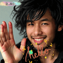 a man with a beard is smiling and waving his hand with hello written on it