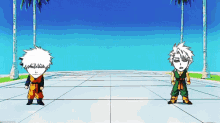 two anime characters are standing next to each other on a tiled floor with palm trees in the background