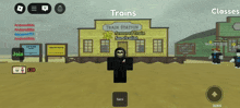 a screenshot of a game called trains with a skeleton standing in front of a train station
