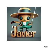 a 3d rendering of a funko pop character holding a sword and the name javier .
