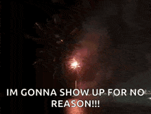a picture of fireworks with the caption i 'm gonna show up for no reason !!!