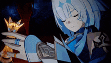 a girl with white hair and blue clothes is holding something