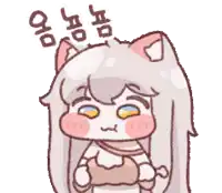a cartoon of a girl with cat ears holding a piece of meat .