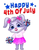 a cartoon of a rabbit cheering with the words happy 4th of july in the background