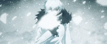 a man in a white coat is standing in the snow holding a white feather .