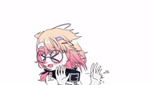 a drawing of a girl with cat ears and glasses on a white background