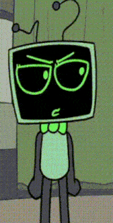 a cartoon character with a computer monitor on his head and a bow tie .