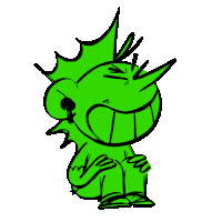 a green cartoon character with a mohawk is sitting down and smiling