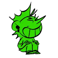 a green cartoon character with a mohawk is sitting down and smiling
