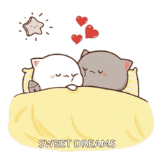 two cats are sleeping in a bed with hearts flying around them and the words `` sweet dreams '' .