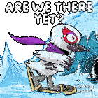 a cartoon of a bird with a scarf around its neck and the words " are we there yet " above it