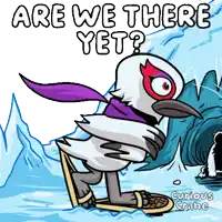 a cartoon of a bird with a scarf around its neck and the words " are we there yet " above it