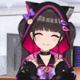 a girl with a cat ear hood is smiling and wearing a choker