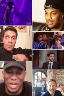 a collage of images includes a man wearing an okay hat