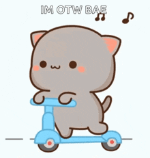 a cartoon cat is riding a blue scooter with the words `` im otw bae '' .