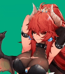 a woman with red hair and horns is wearing a crown and holding a dragon .