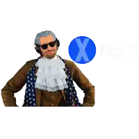 a man in a costume with a blue circle with the letter x in it