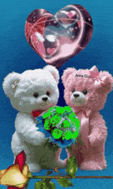 a white teddy bear and a pink teddy bear with a heart shaped balloon by anita cruz