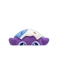 a purple and white stuffed animal with big eyes and a yellow tail on a white background