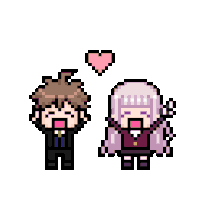 a pixel art of a boy and a girl standing next to each other with a pink heart above them .