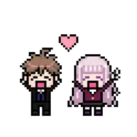 a pixel art of a boy and a girl standing next to each other with a pink heart above them .