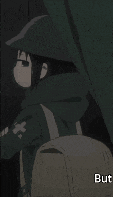 a girl with a backpack is standing in a dark room and the word but is on the bottom