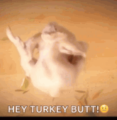 a picture of a turkey with the words hey turkey butt below it