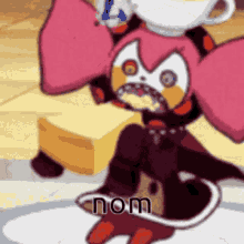 a cartoon character with the word nom on the bottom right