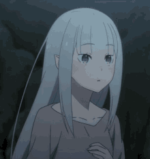 a girl with long white hair and purple eyes looks to the side