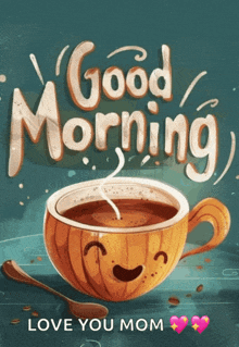 a cup of coffee with a face on it and the words good morning love you mom