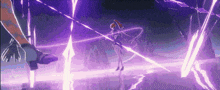a woman is standing in the middle of a purple lightning storm holding a sword in her hand .