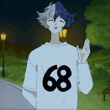 a cartoon character wearing a white shirt with the number 68 on it