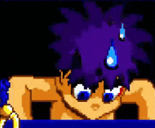 a pixel art of a person with a purple hair and blue eyes