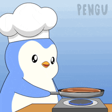 a penguin wearing a chef 's hat is cooking on a gas stove