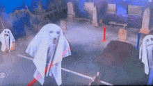 a group of ghosts are standing in a cemetery with a red pole in the middle