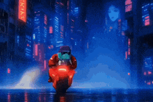 a man is riding a red motorcycle in a city with a sign that says ' ky ' on it