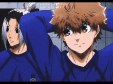 two anime characters are standing next to each other with their heads on their shoulders and the words do not repost on the bottom