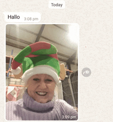 a picture of a woman wearing a santa hat and a message that says hallo 3:08 pm today 3:09 pm