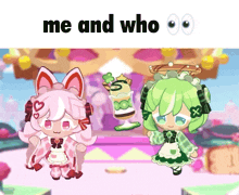 two cartoon characters are standing next to each other with the caption " me and who "